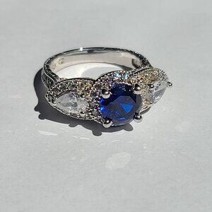 Art Deco Style Vintage Sterling Silver Ring Blue Sapphire CZ Size 6.5